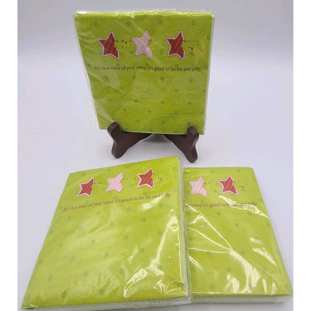 3x Vtg 90s Christmas Paper Green Napkins Luncheon Beverage Stars Jolly